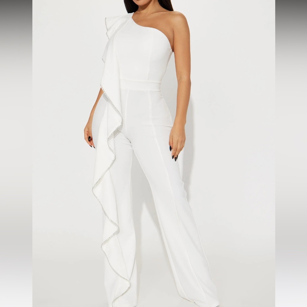 Fashion Nova White Jumpsuit with rhinestone and ruffle detail size small NWT